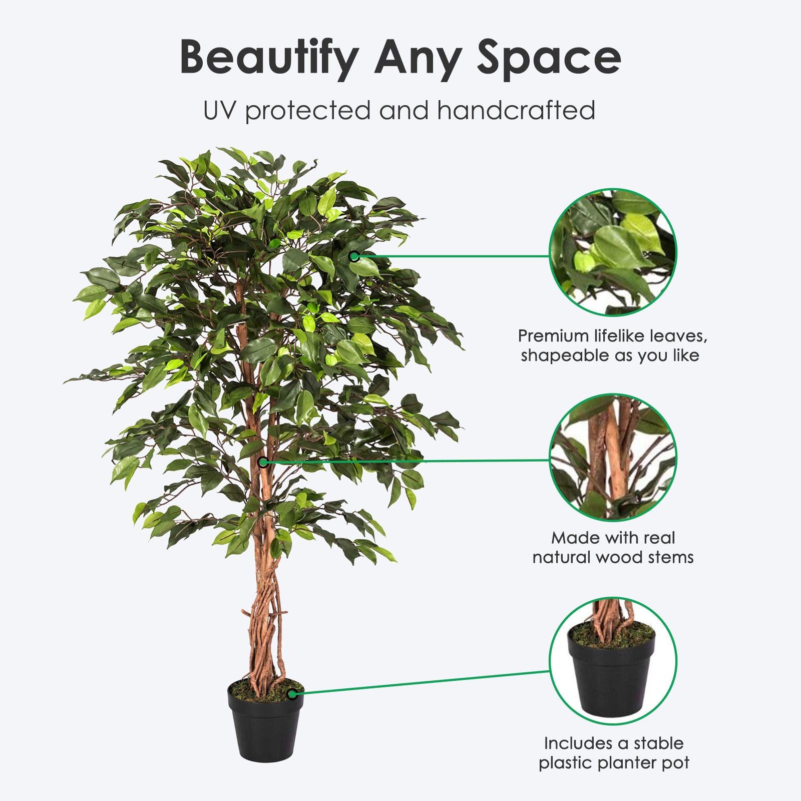 Artificial Ficus Tree - Large Realistic Faux Plant with Pot 4ft & 6ft