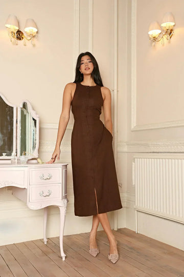 Sleeveless Brown Linen Midi Dress with Figure-Hugging Fit