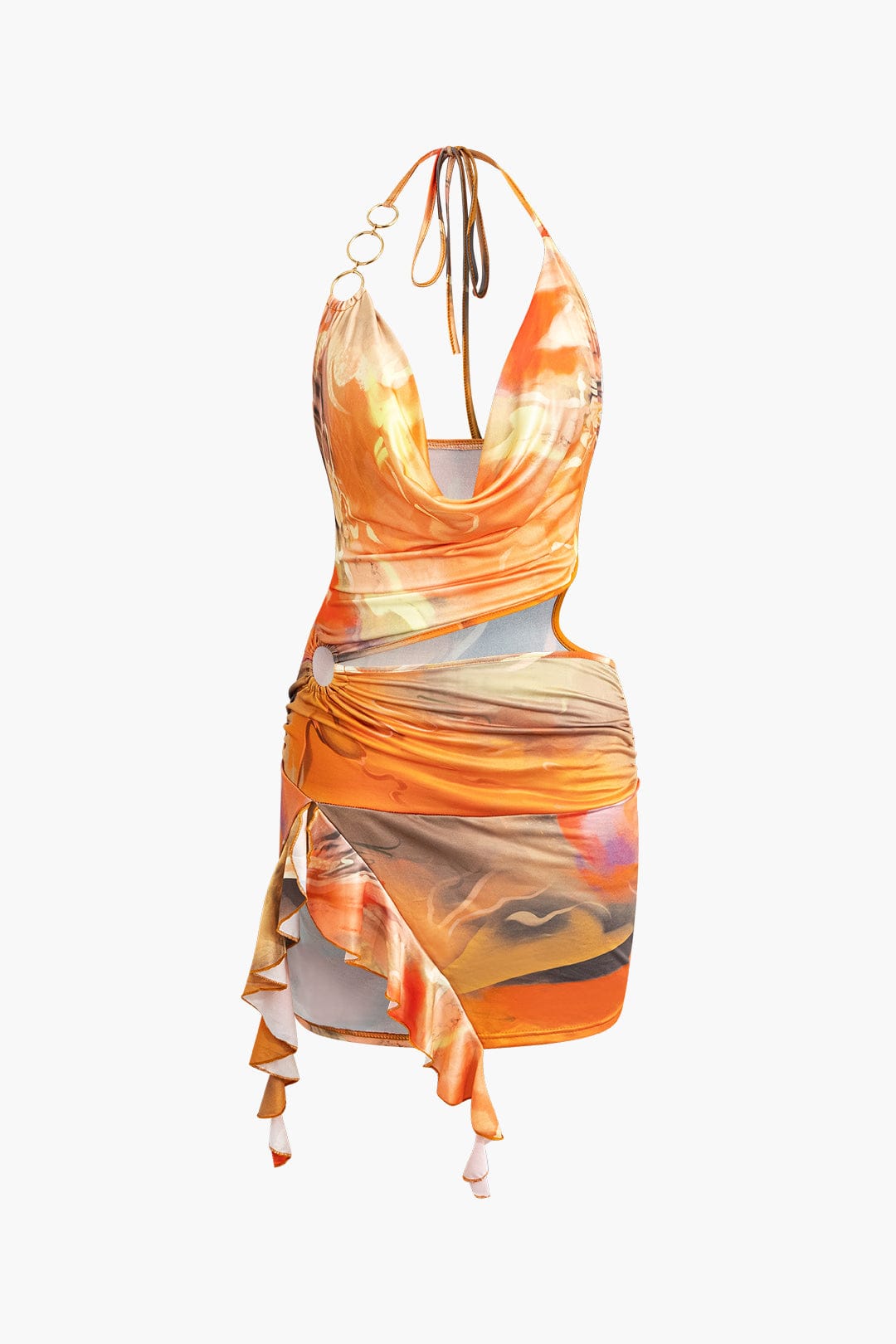 Asymmetrical Side-Slit Halter Mini Dress with Art Print