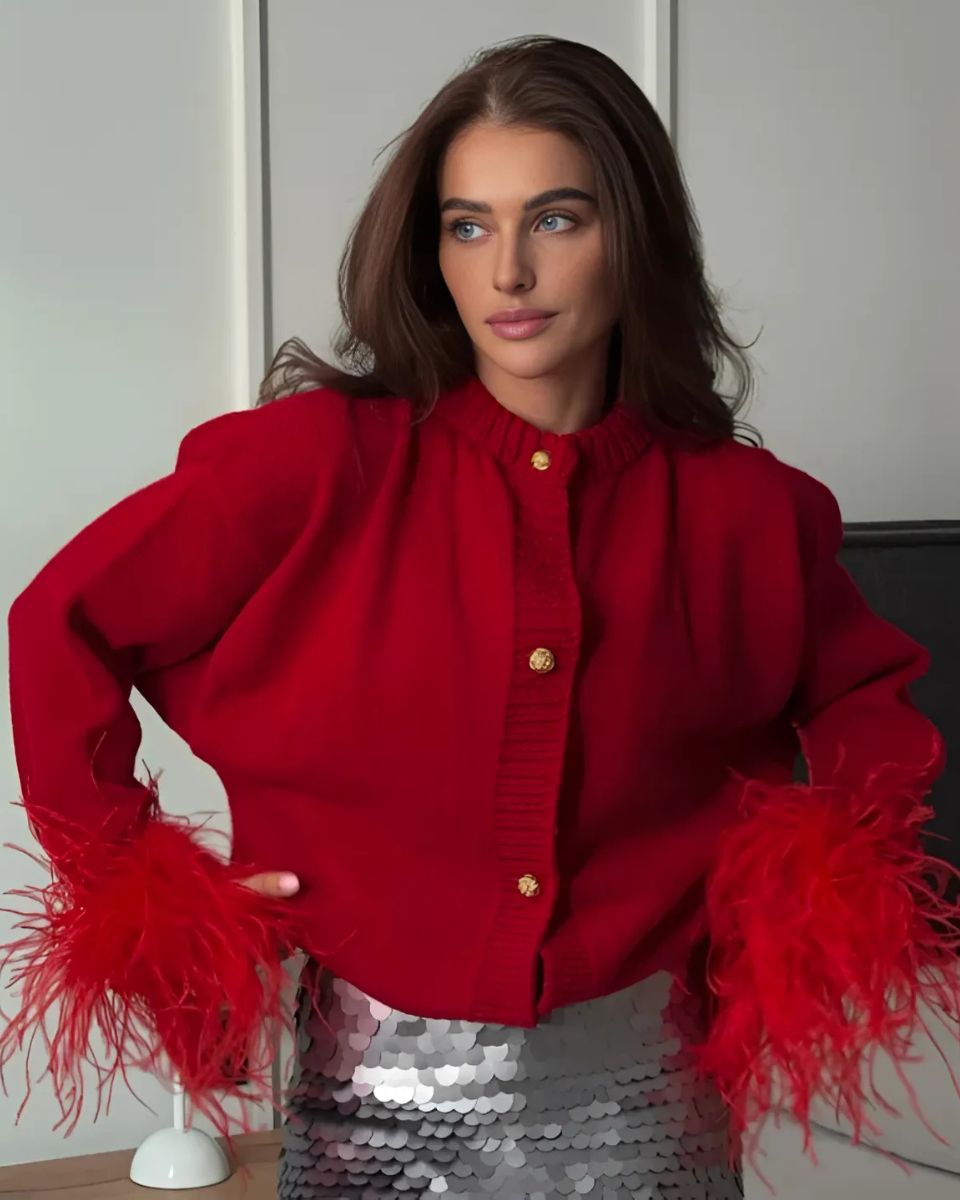Buttoned Cardigan with Feather Sleeves