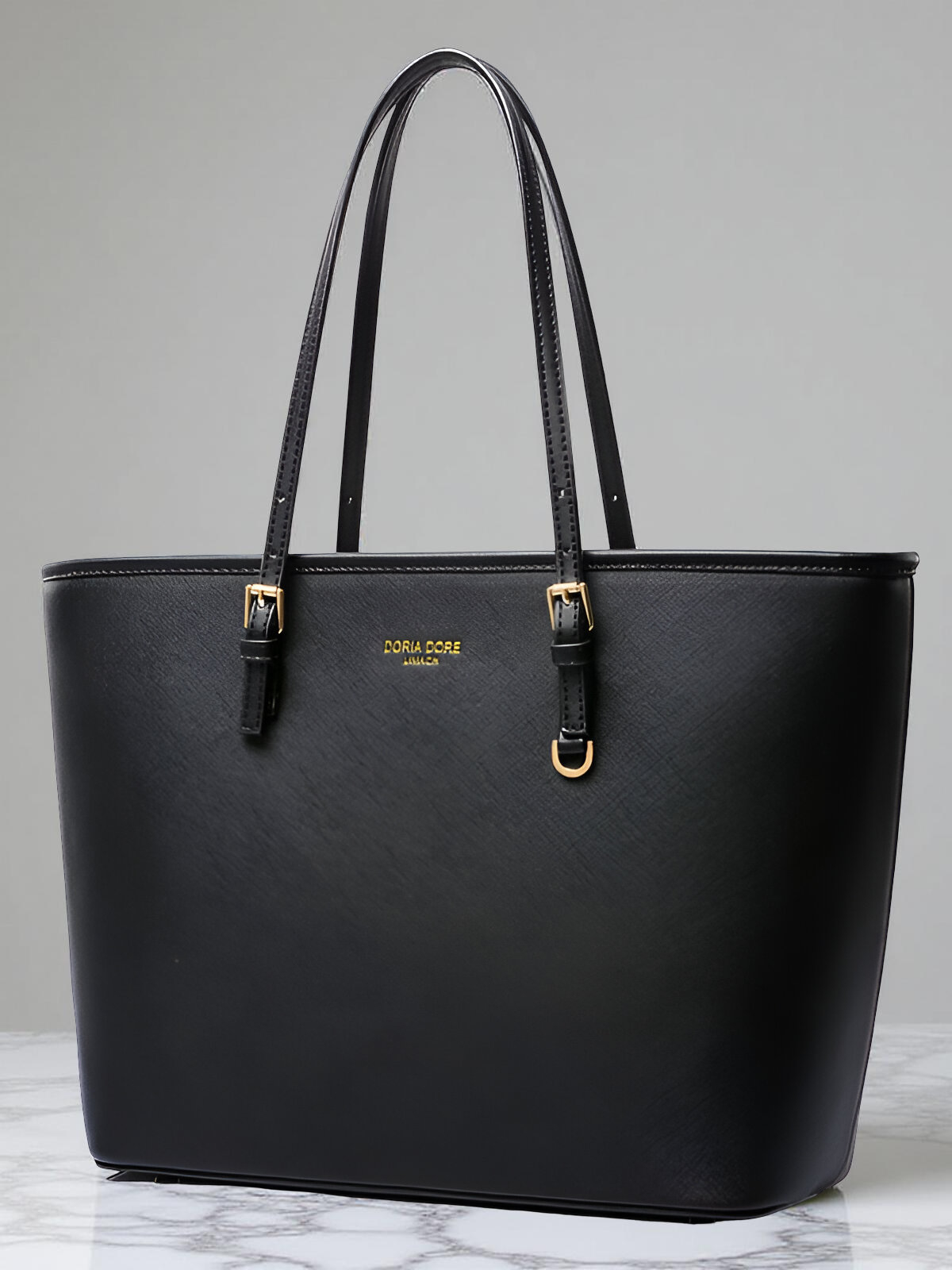 Black PU leather tote bag with gold hardware - front view