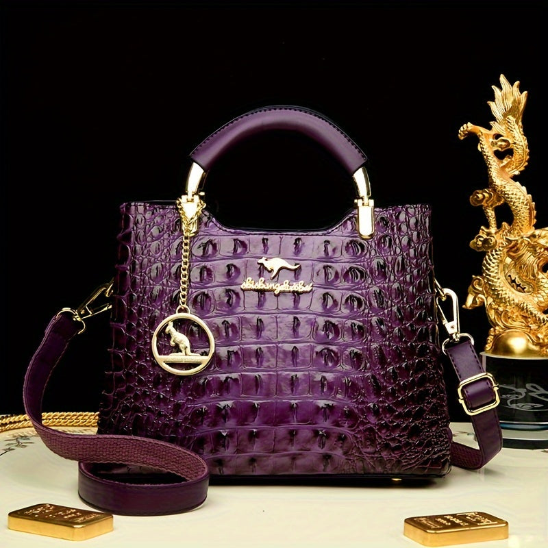 Green Crocodile-Embossed Handbag - Elegant Shoulder Purse with Detachable Strap and Chain Detail