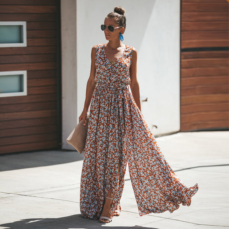 Floral Print Sleeveless Maxi Dress with Slit