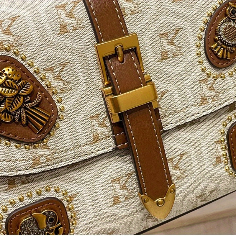 Elegant Vintage Two-Layer Handbag - Beige/Brown with Zipper Closure & Adjustable Strap