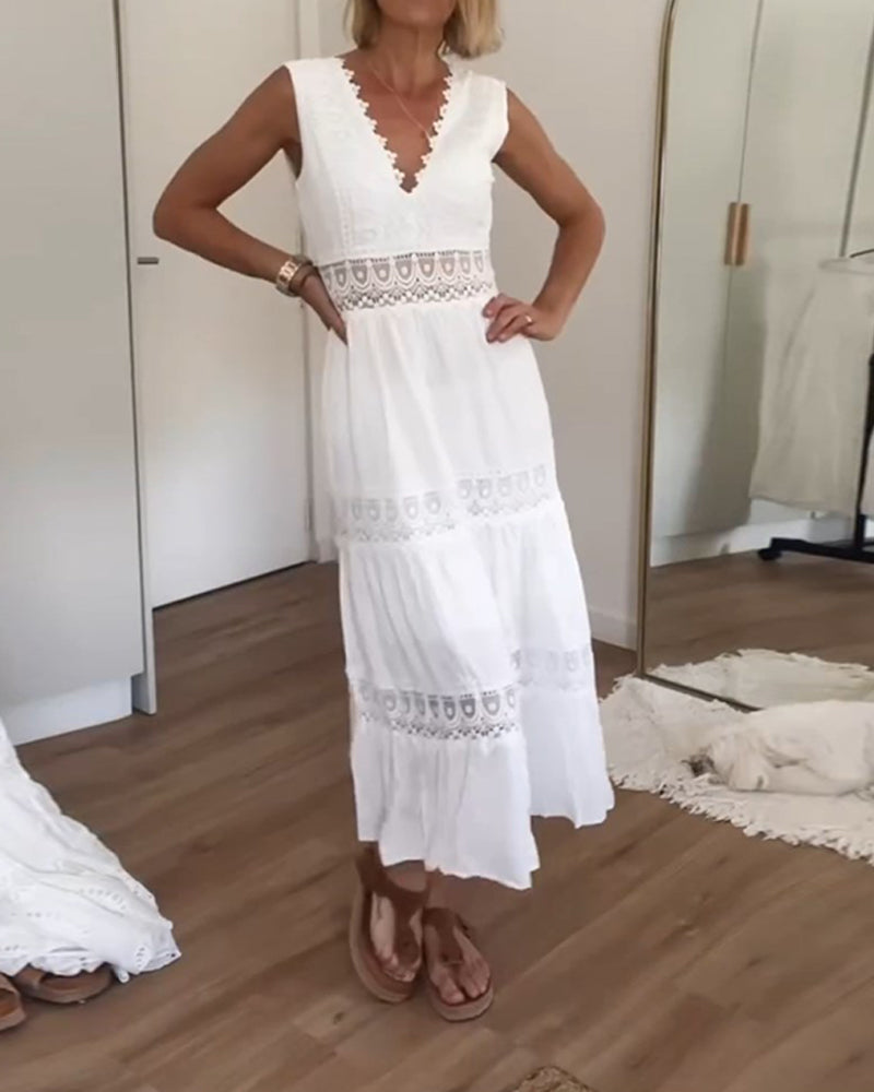 V-Neck Lace Midi Summer Dress – Feminine & Airy
