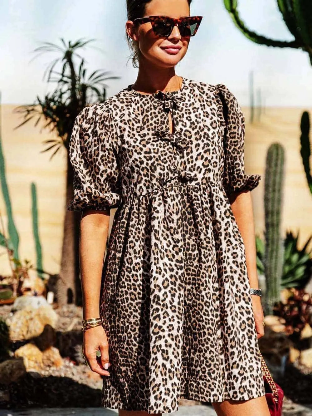 Womens Leopard Dress with Puff Sleeves