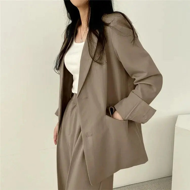 Solid Color Blazer and Straight-Leg Pants Set