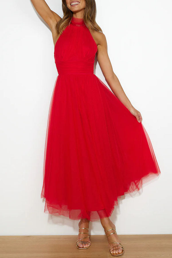 Halterneck A-Line Tulle Midi Dress with Veil Collar