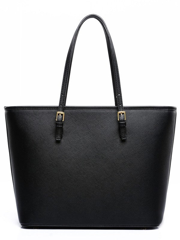 Black leather tote bag interior - spacious compartments