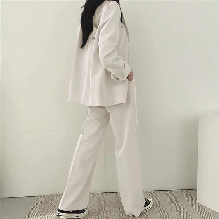 Solid Color Blazer and Straight-Leg Pants Set