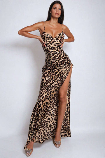 Seductive Leopard Maxi Dress with Leg Slit