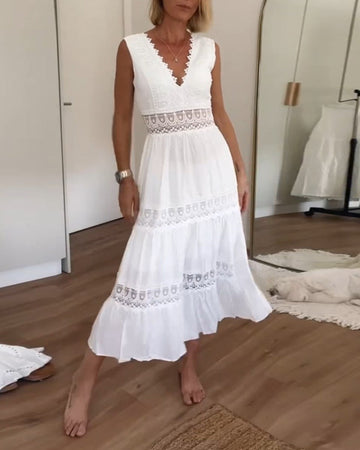 V-Neck Lace Midi Summer Dress – Feminine & Airy