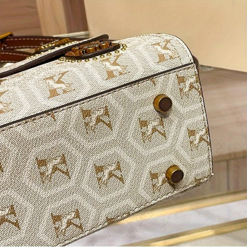 Elegant Vintage Two-Layer Handbag - Beige/Brown with Zipper Closure & Adjustable Strap