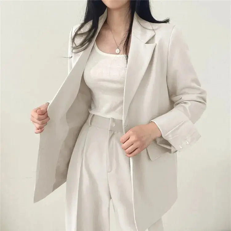 Solid Color Blazer and Straight-Leg Pants Set