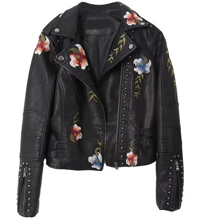 Embroidered Rivet Leather Jacket - Premium Women's Biker Jacket
