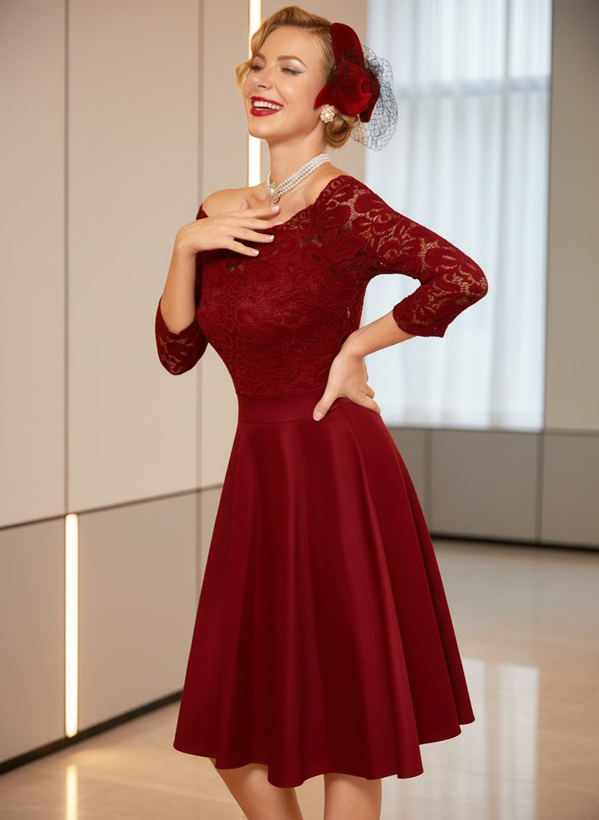 Burgundy lace vintage dress detail - close-up of off-shoulder neckline and lace texture
