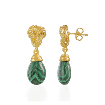 Knot drop malachite earrings with 22K gold plating, front view showing green gemstone detail