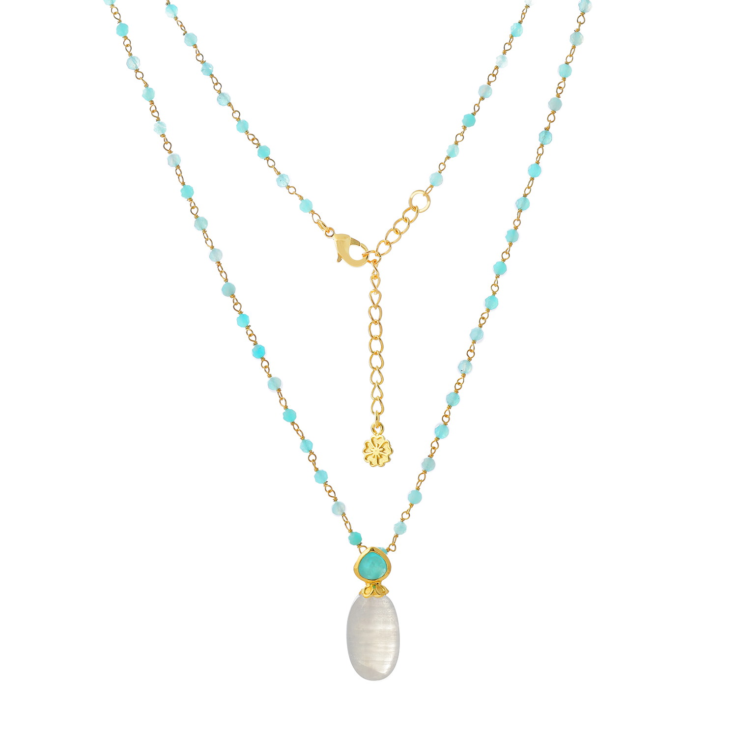 Persephone gold necklace with moonstone and amazonite gemstone drops on white background