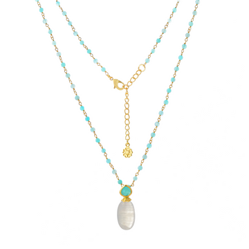 Persephone gold necklace with moonstone and amazonite gemstone drops on white background