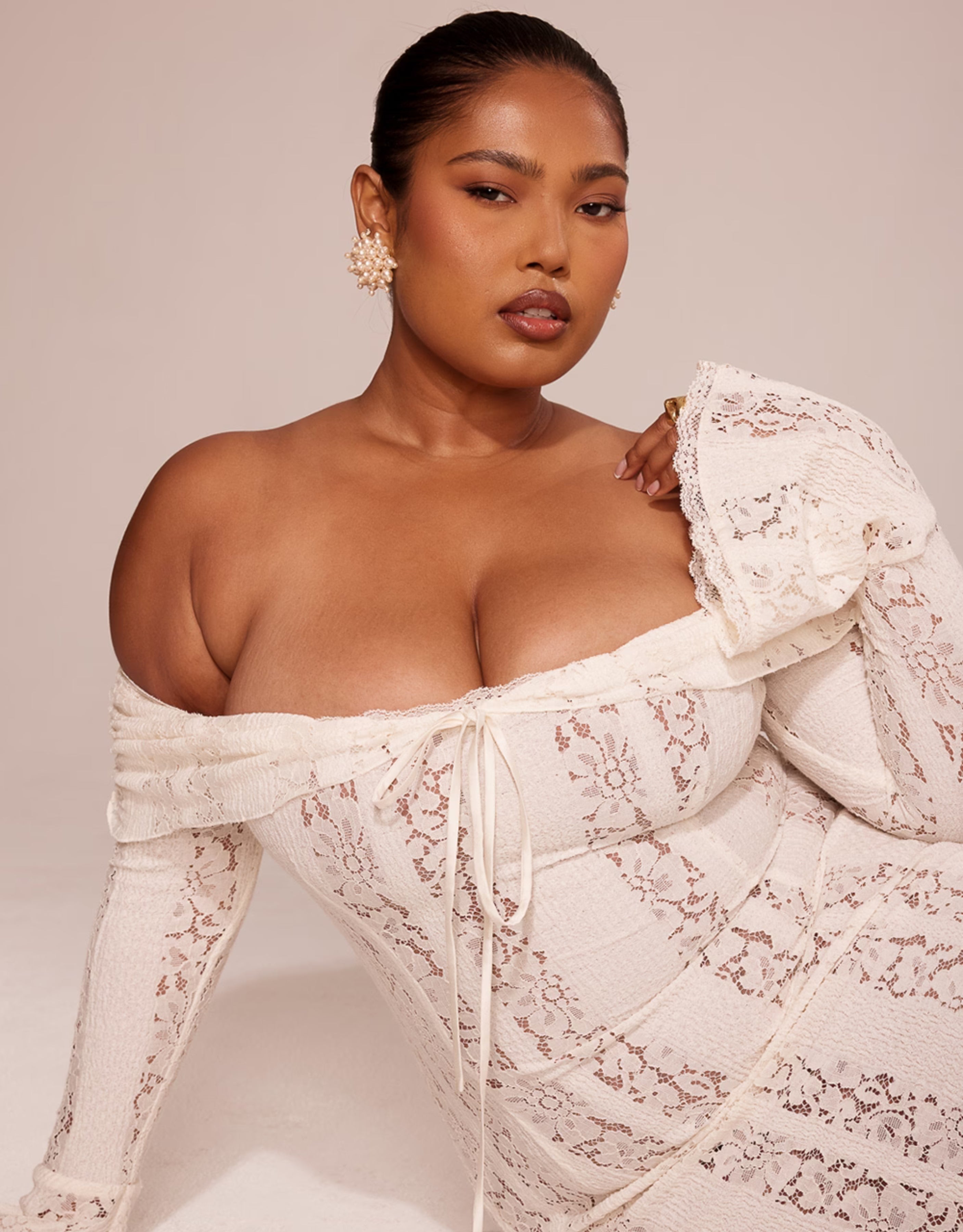 Off-the-Shoulder Lace Evening Gown with Long Sleeves