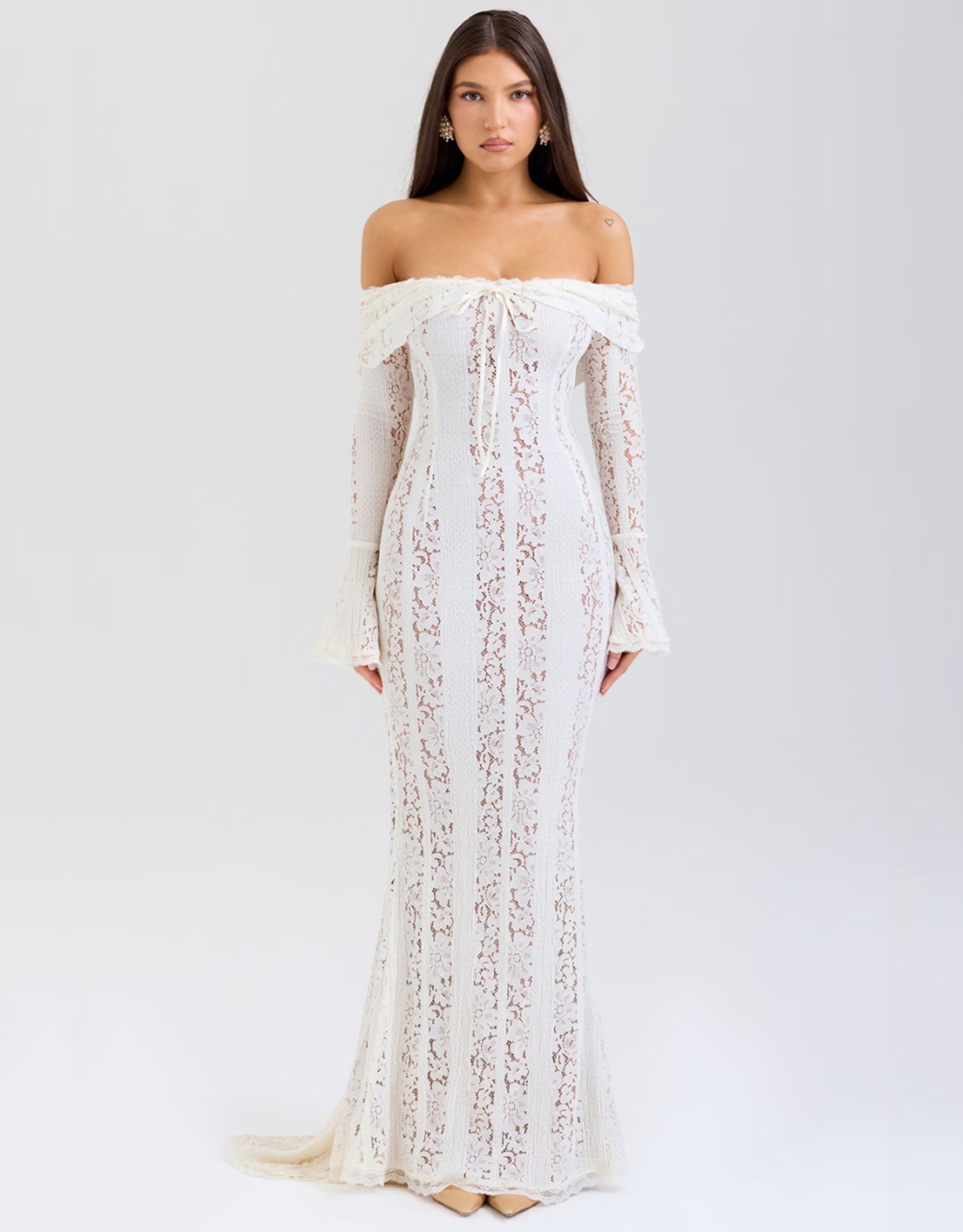 Off-the-Shoulder Lace Evening Gown with Long Sleeves