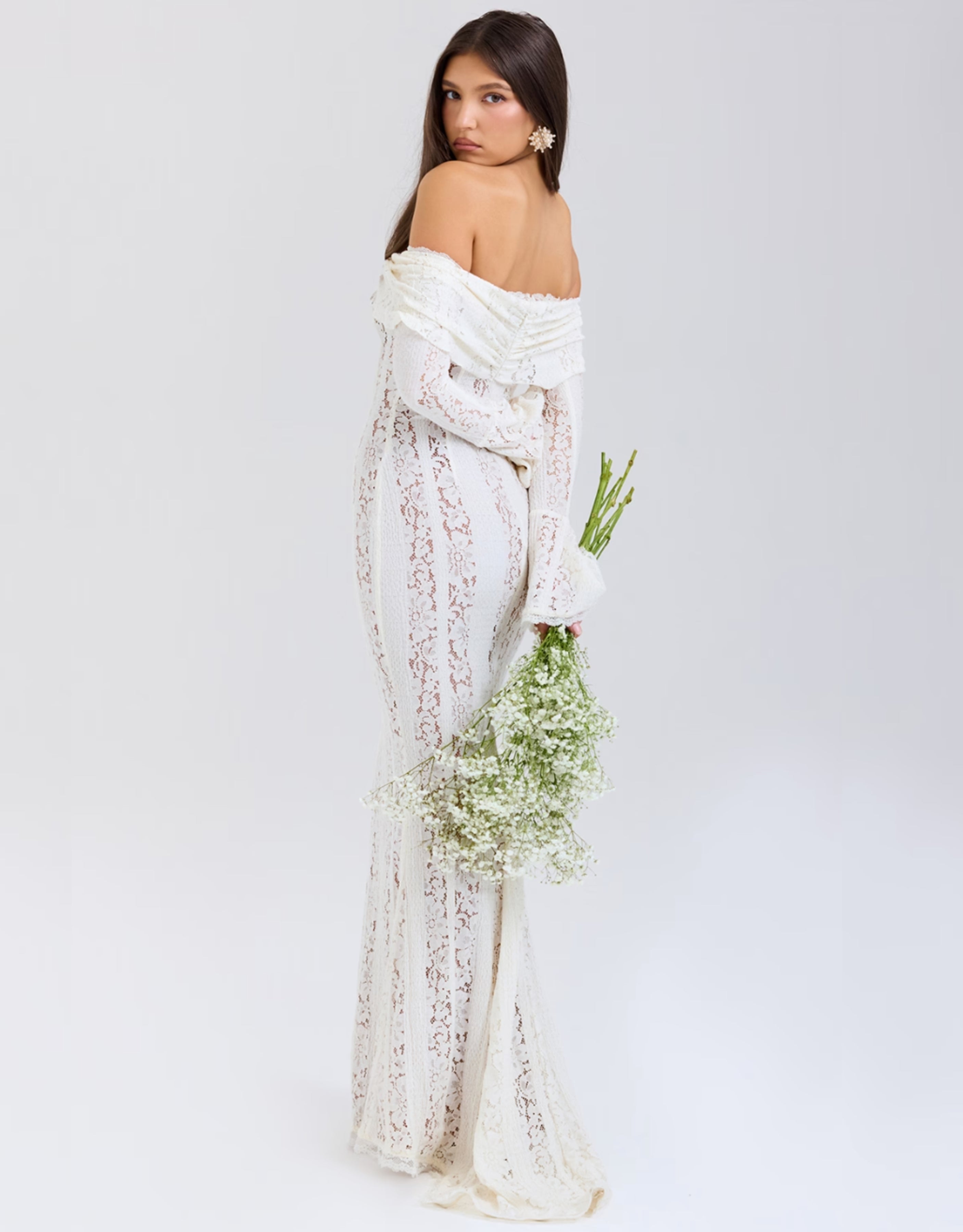 Off-the-Shoulder Lace Evening Gown with Long Sleeves