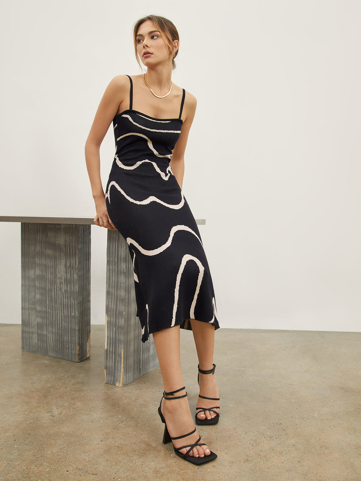 Abstract Pattern Midi Dress with Spaghetti Straps
