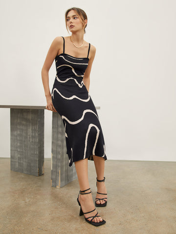 Abstract Pattern Midi Dress with Spaghetti Straps