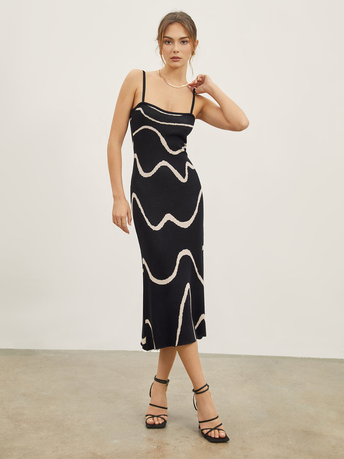 Abstract Pattern Midi Dress with Spaghetti Straps