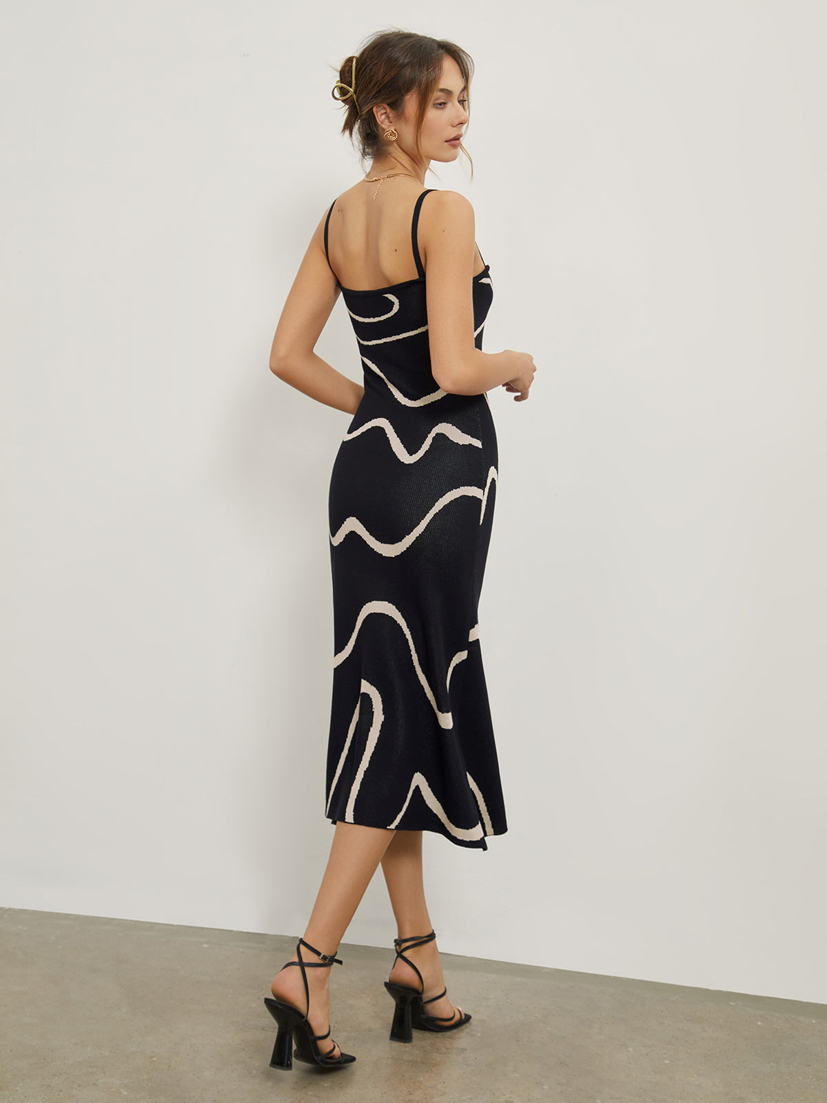 Abstract Pattern Midi Dress with Spaghetti Straps
