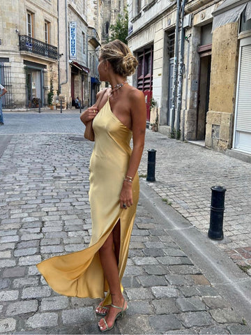 Elegant Backless Satin Dress for Weddings and Parties