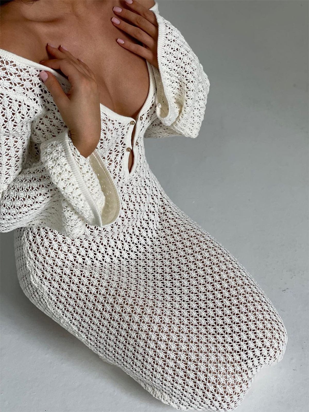 V-Neck Crochet Maxi Dress with Bell Sleeves – Boho Chic