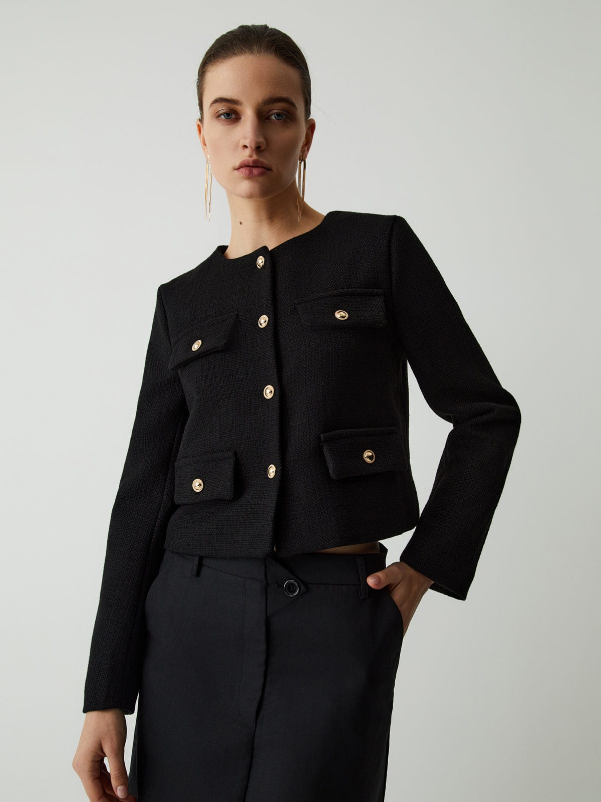 Classic Women's Tweed Jacket with Gold Buttons