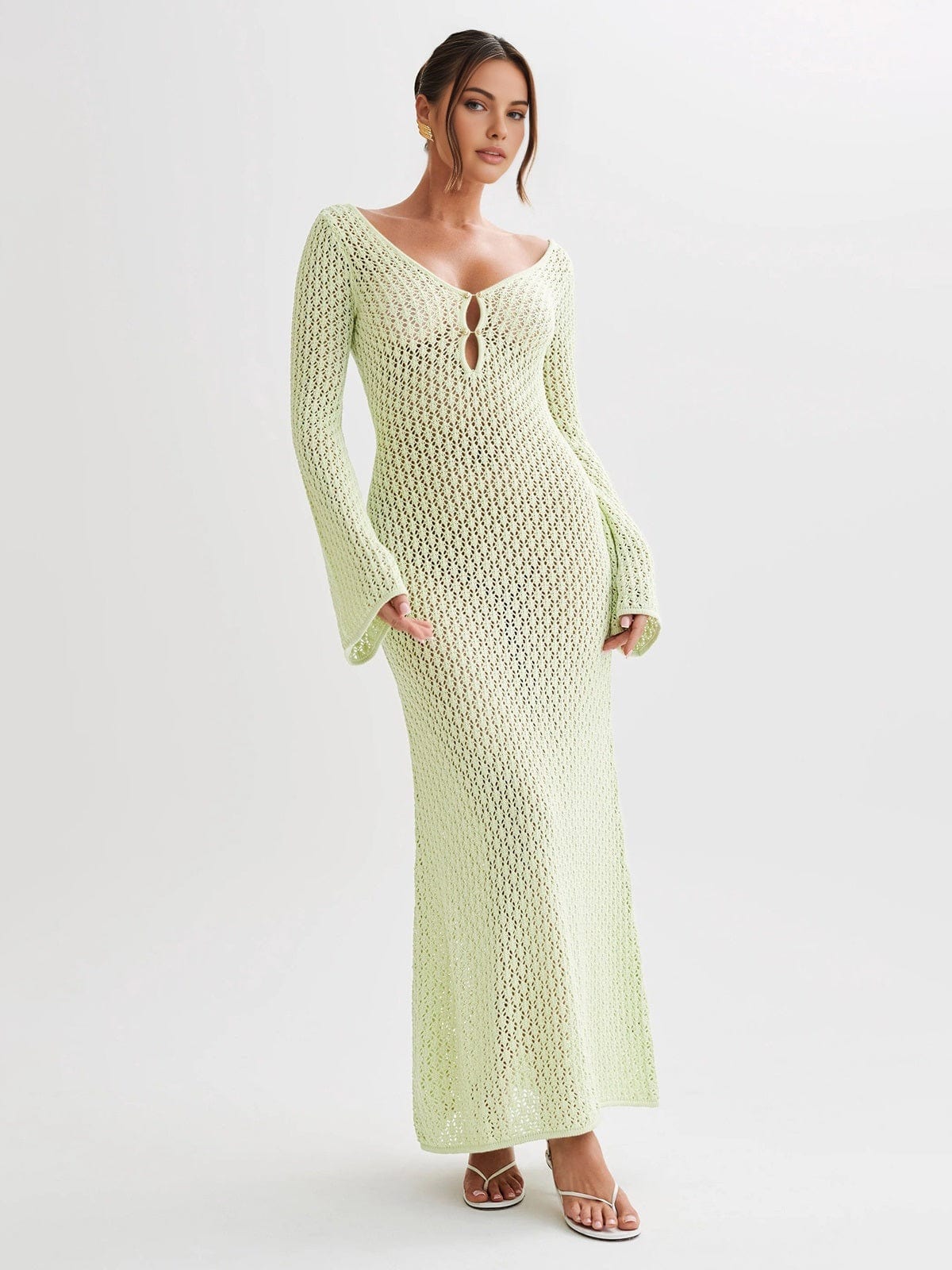 V-Neck Crochet Maxi Dress with Bell Sleeves – Boho Chic