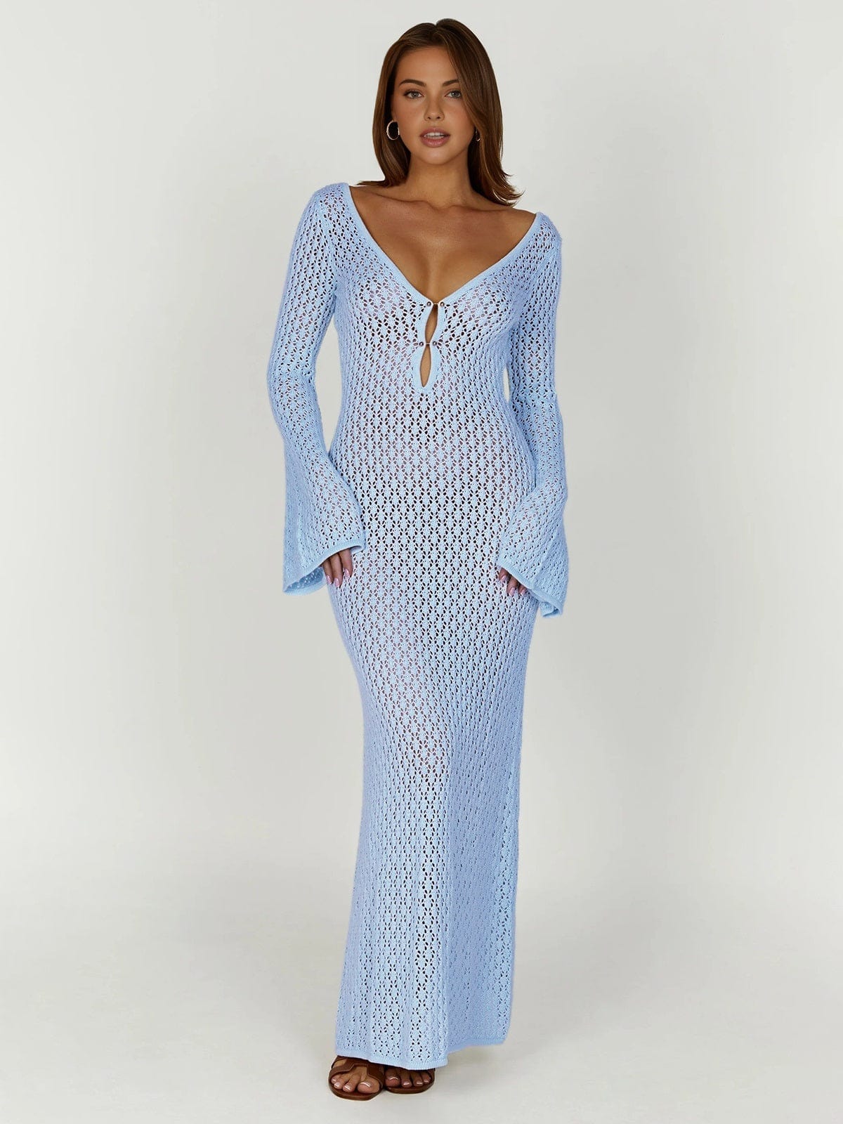 V-Neck Crochet Maxi Dress with Bell Sleeves – Boho Chic