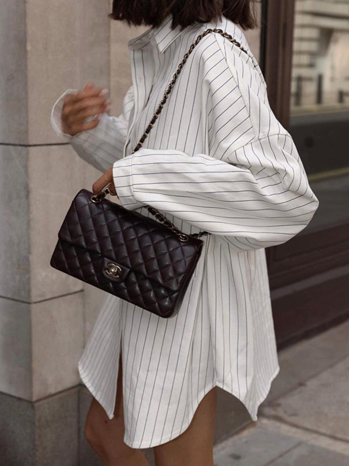 Striped Oversized White Shirt Dress - Street Style