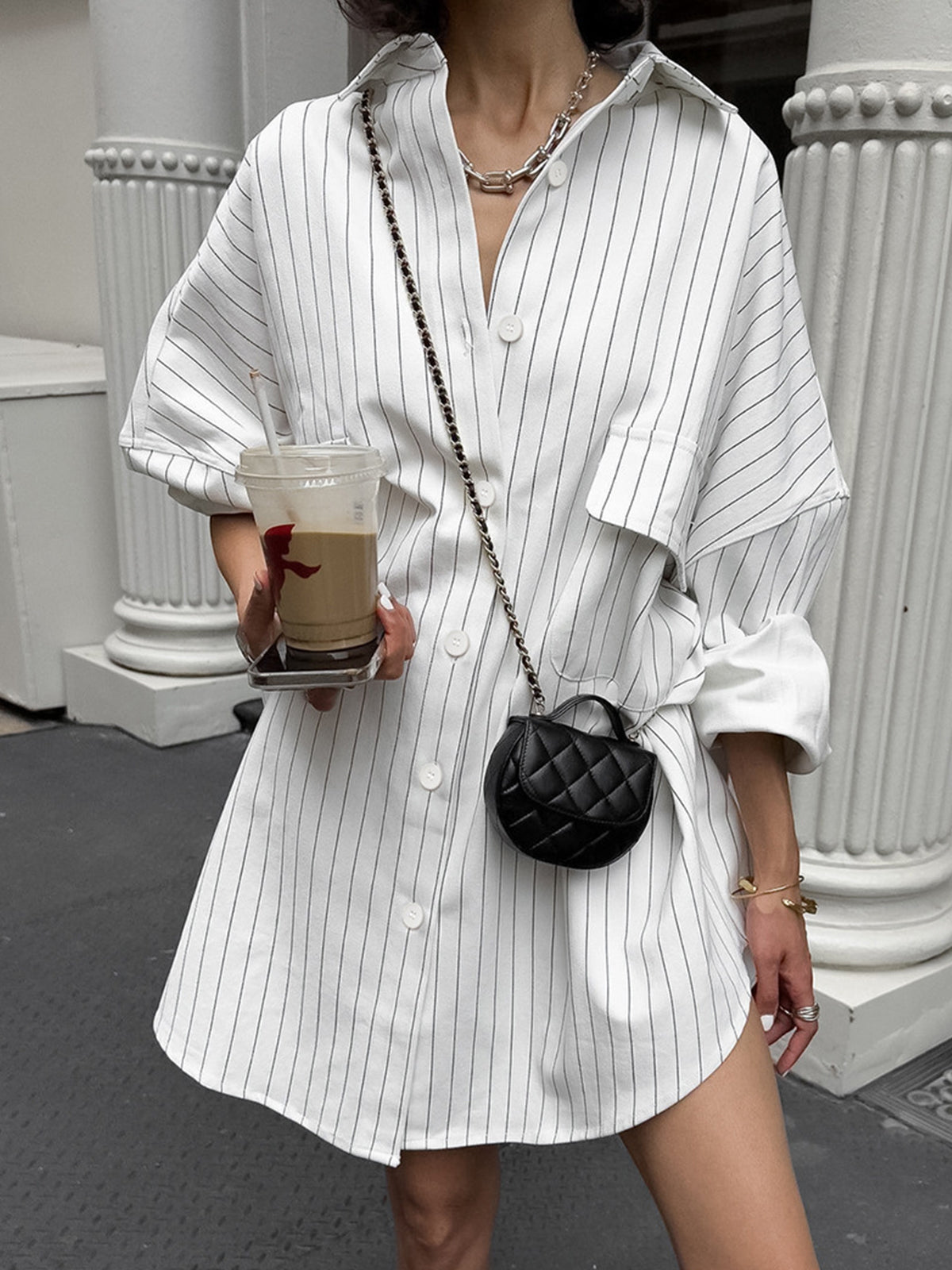 Striped Oversized White Shirt Dress - Street Style