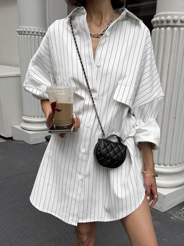 Striped Oversized White Shirt Dress - Street Style