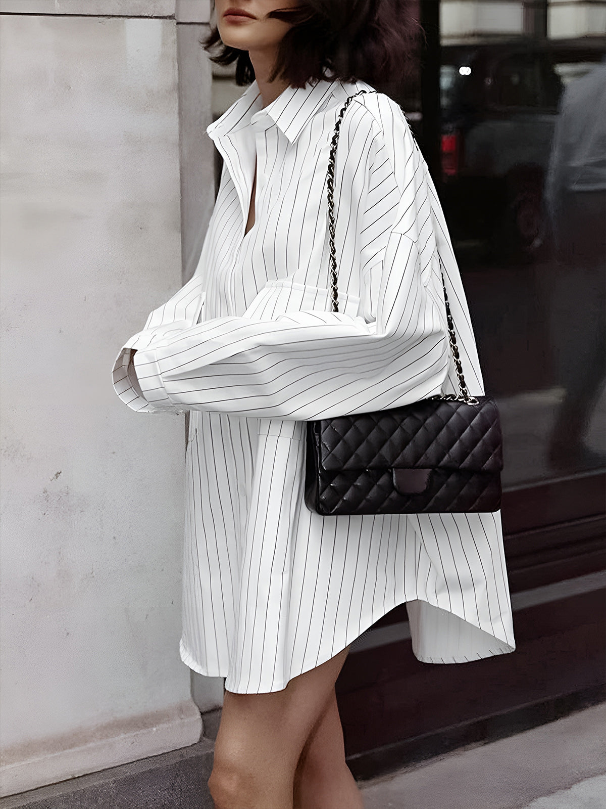 Striped Oversized White Shirt Dress - Street Style
