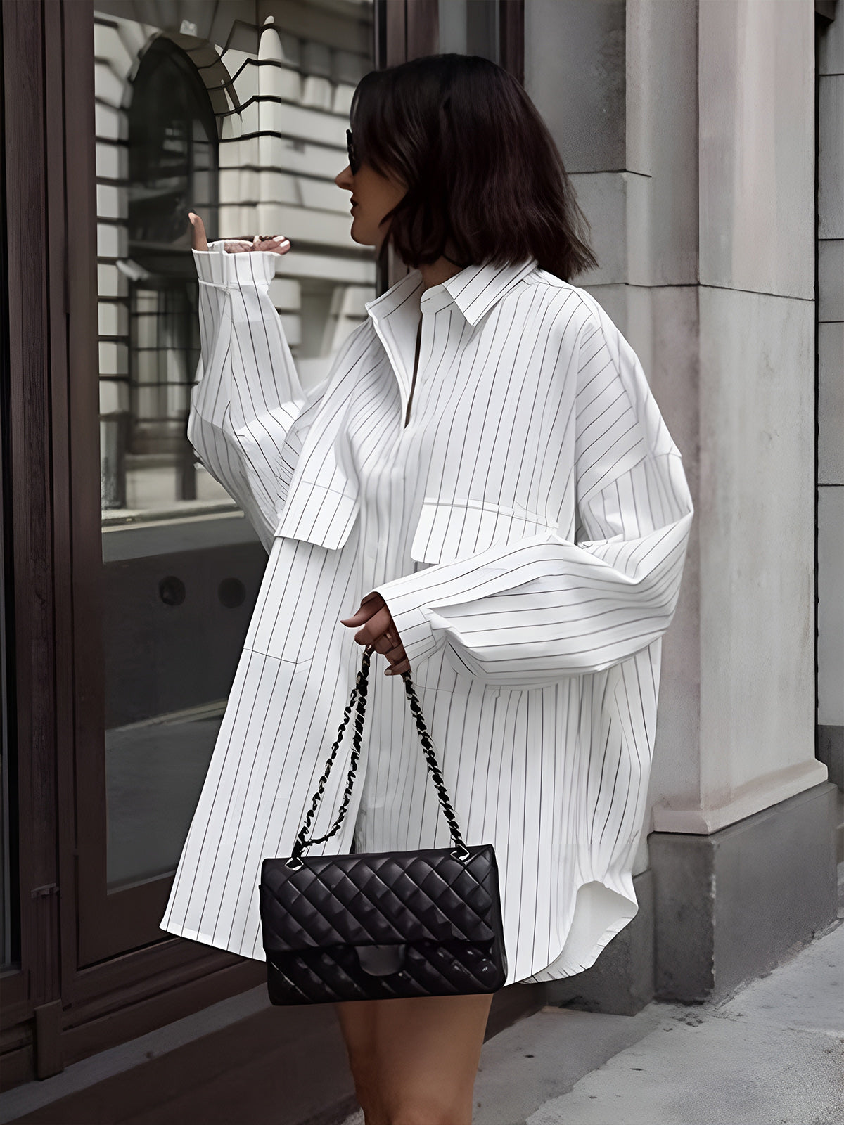 Striped Oversized White Shirt Dress - Street Style
