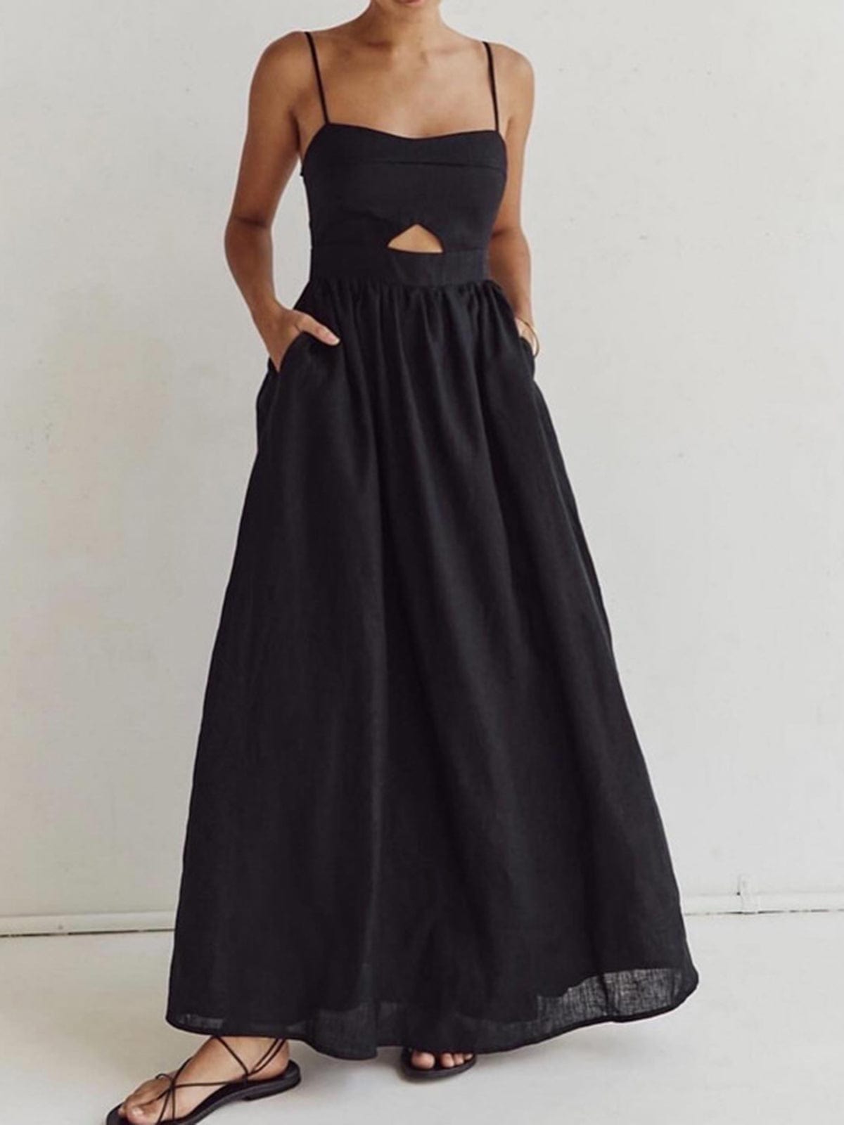 Sleeveless Linen Maxi Dress with Cut-Out Detail and Spaghetti Straps