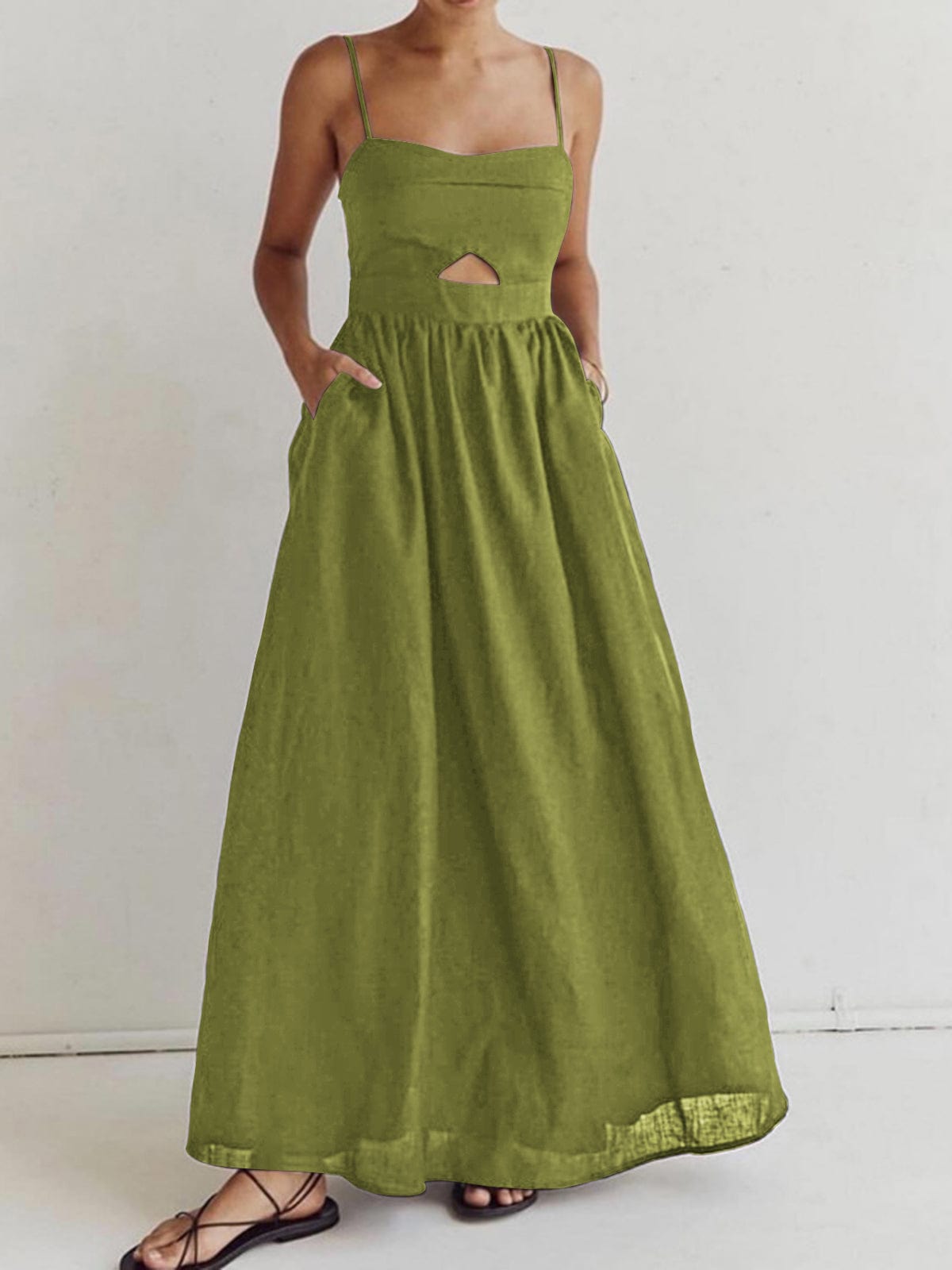 Sleeveless Linen Maxi Dress with Cut-Out Detail and Spaghetti Straps