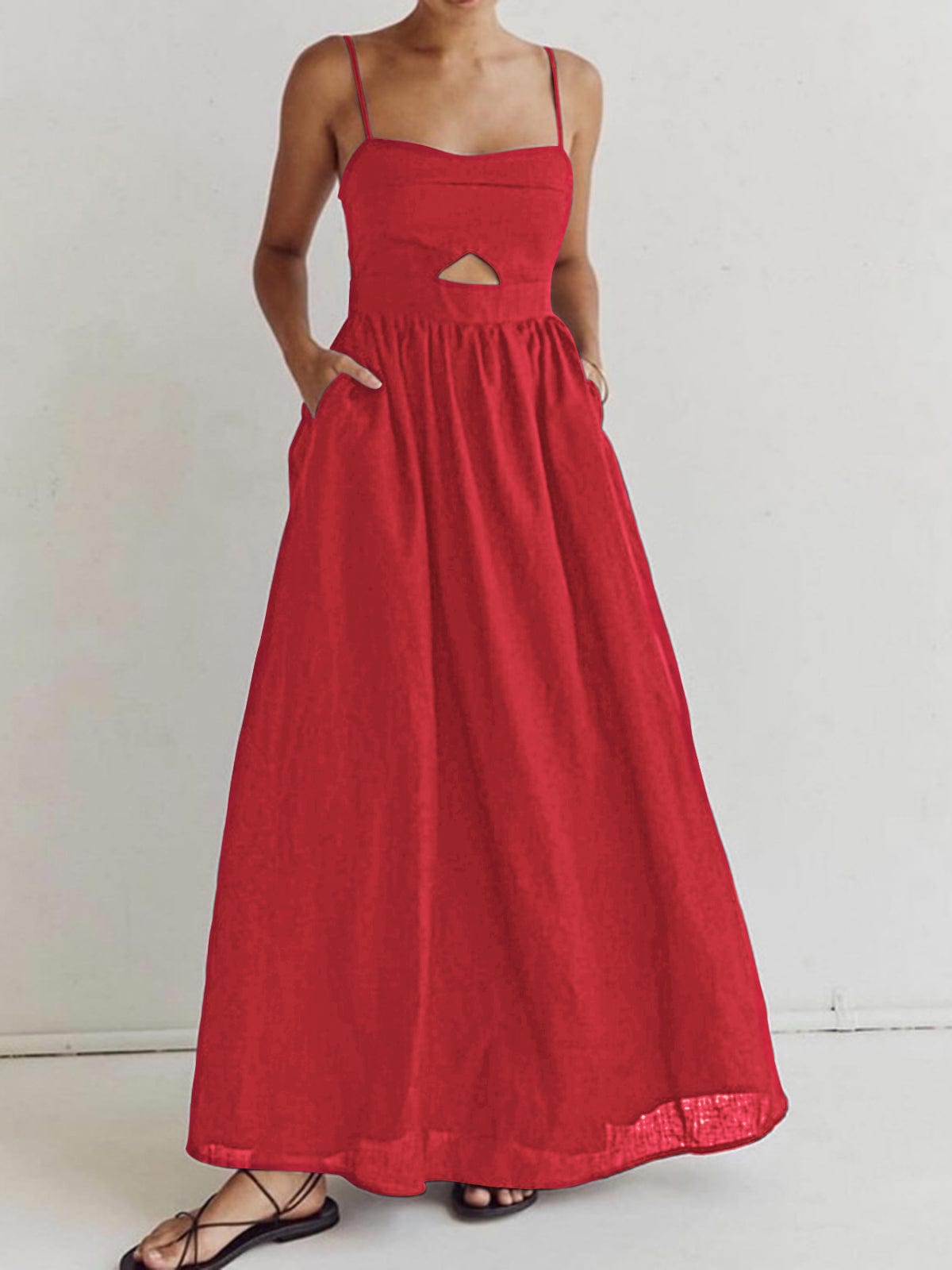 Sleeveless Linen Maxi Dress with Cut-Out Detail and Spaghetti Straps
