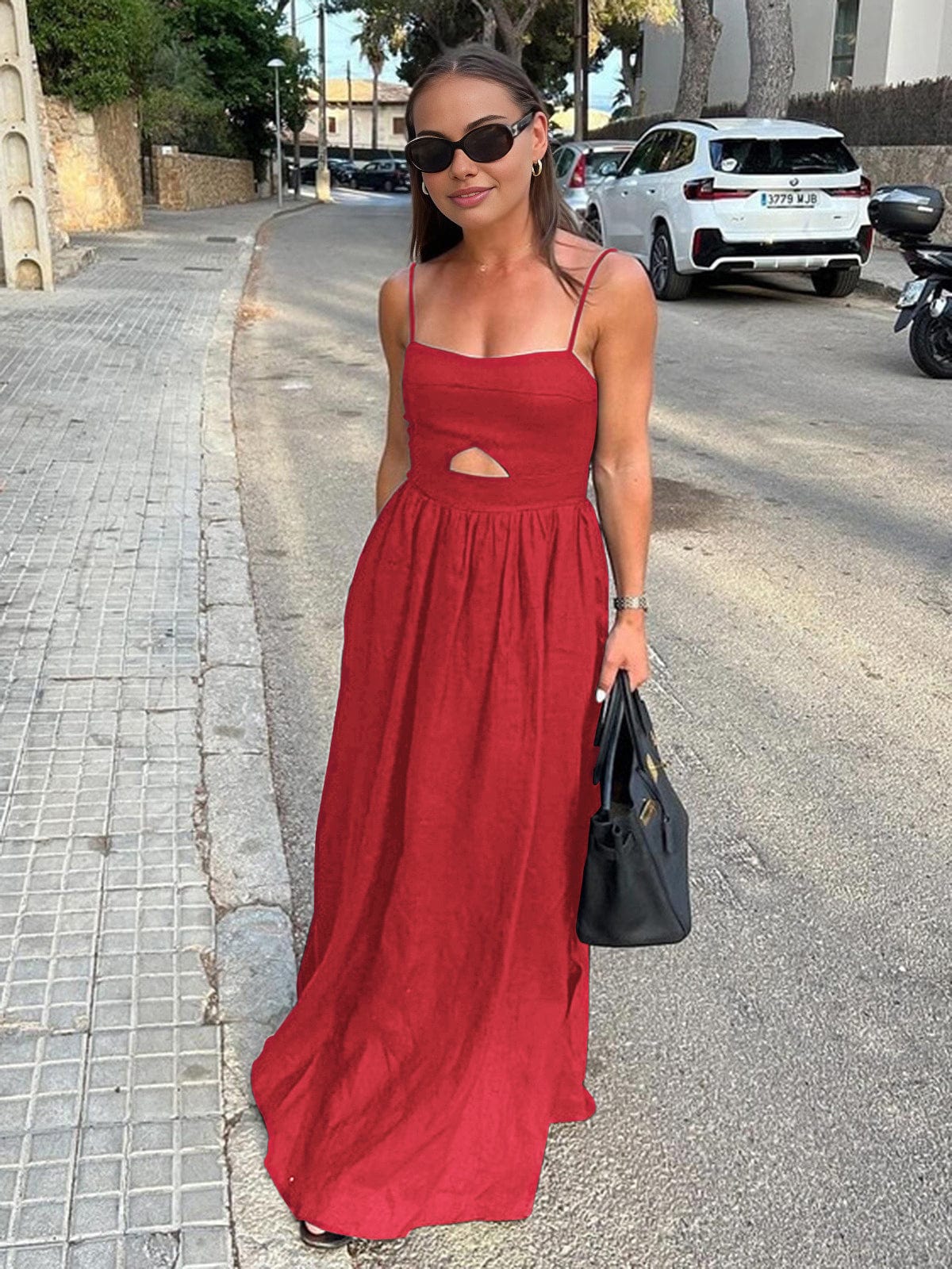 Sleeveless Linen Maxi Dress with Cut-Out Detail and Spaghetti Straps