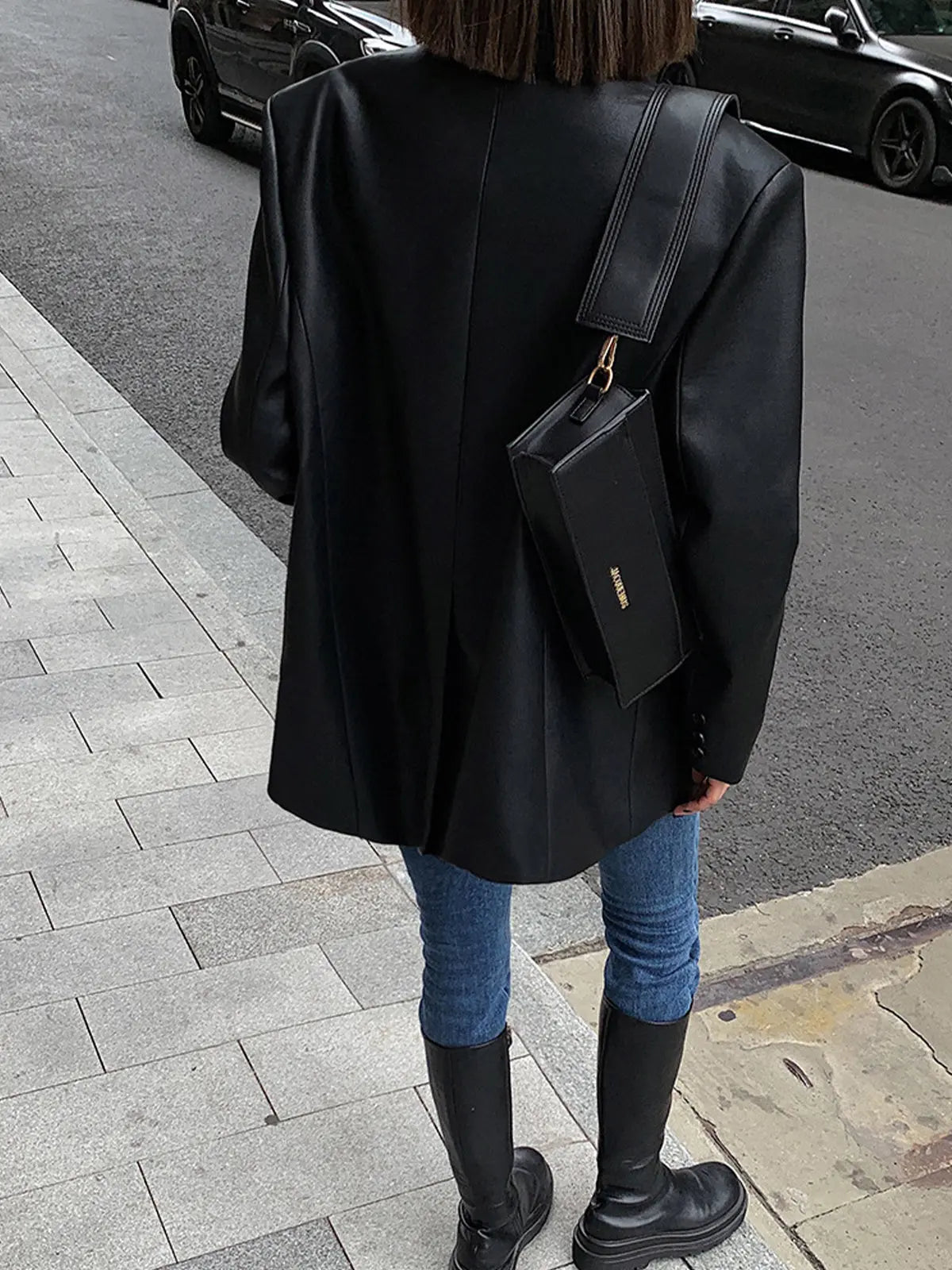 Leather Blazer with Pockets and Detail