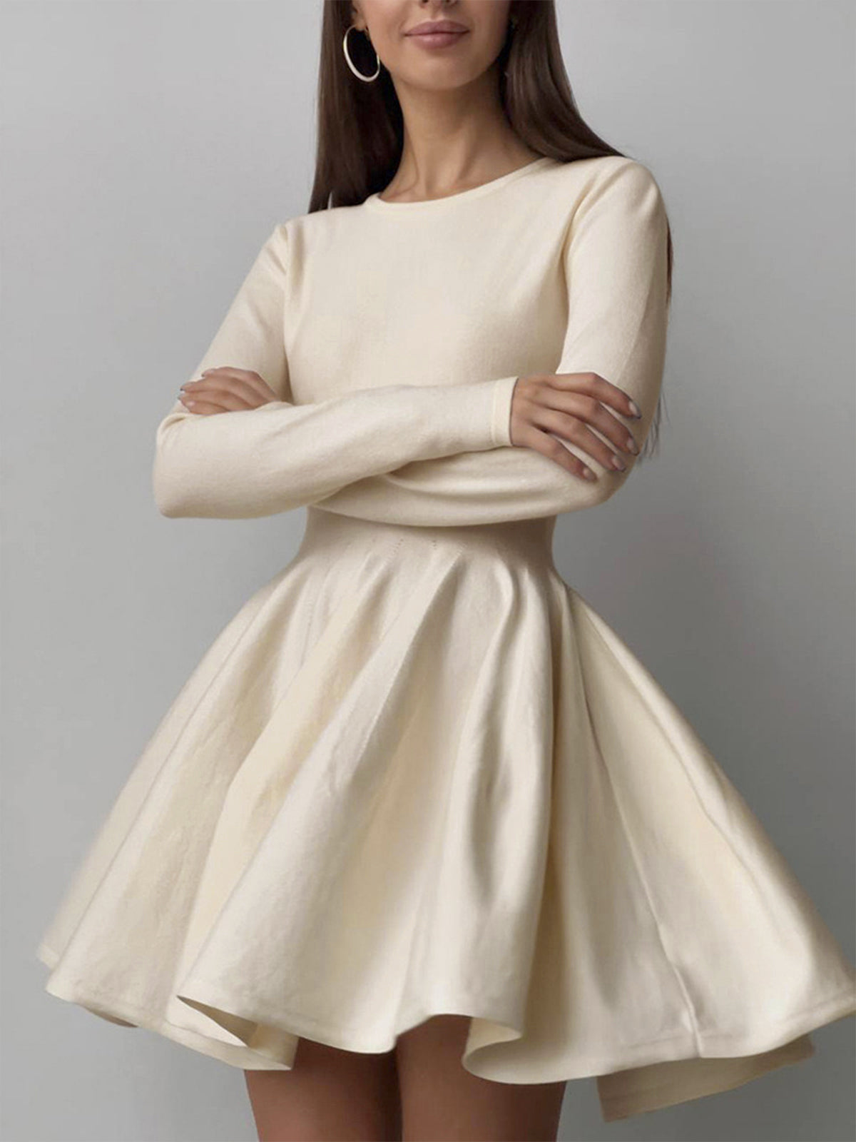Elegant Cream Long Sleeve Skater Dress