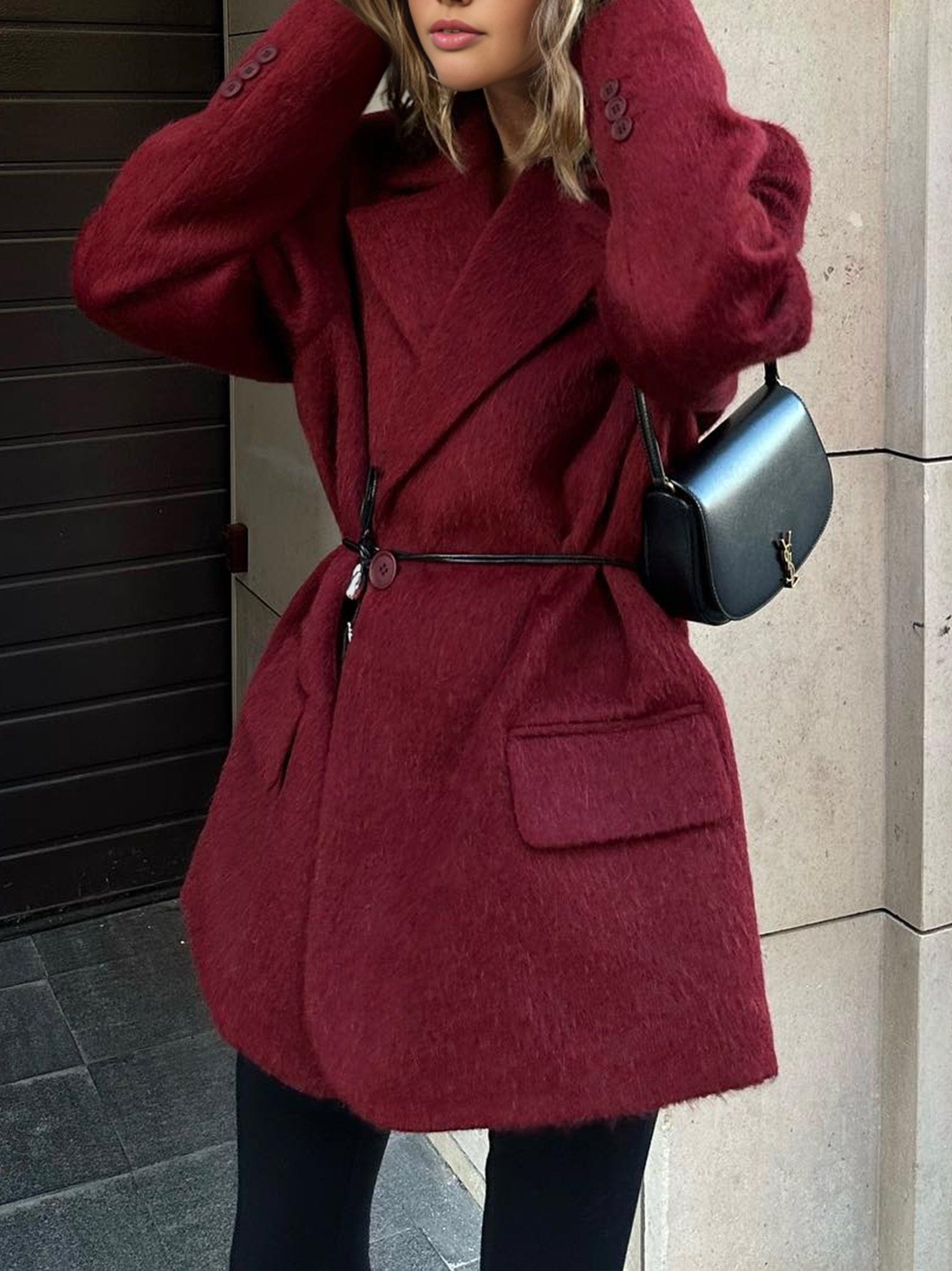 Plus Size Red Wool Winter Coat with Waist Belt