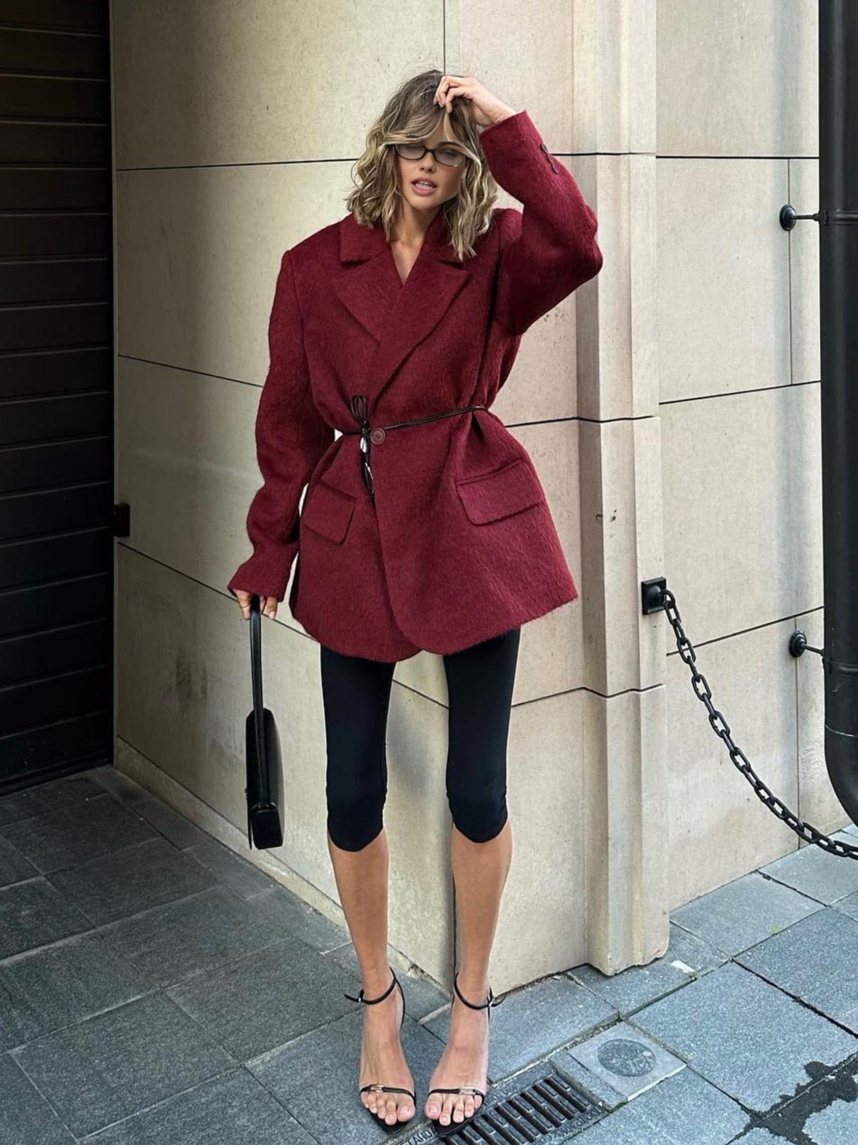 Plus Size Red Wool Winter Coat with Waist Belt