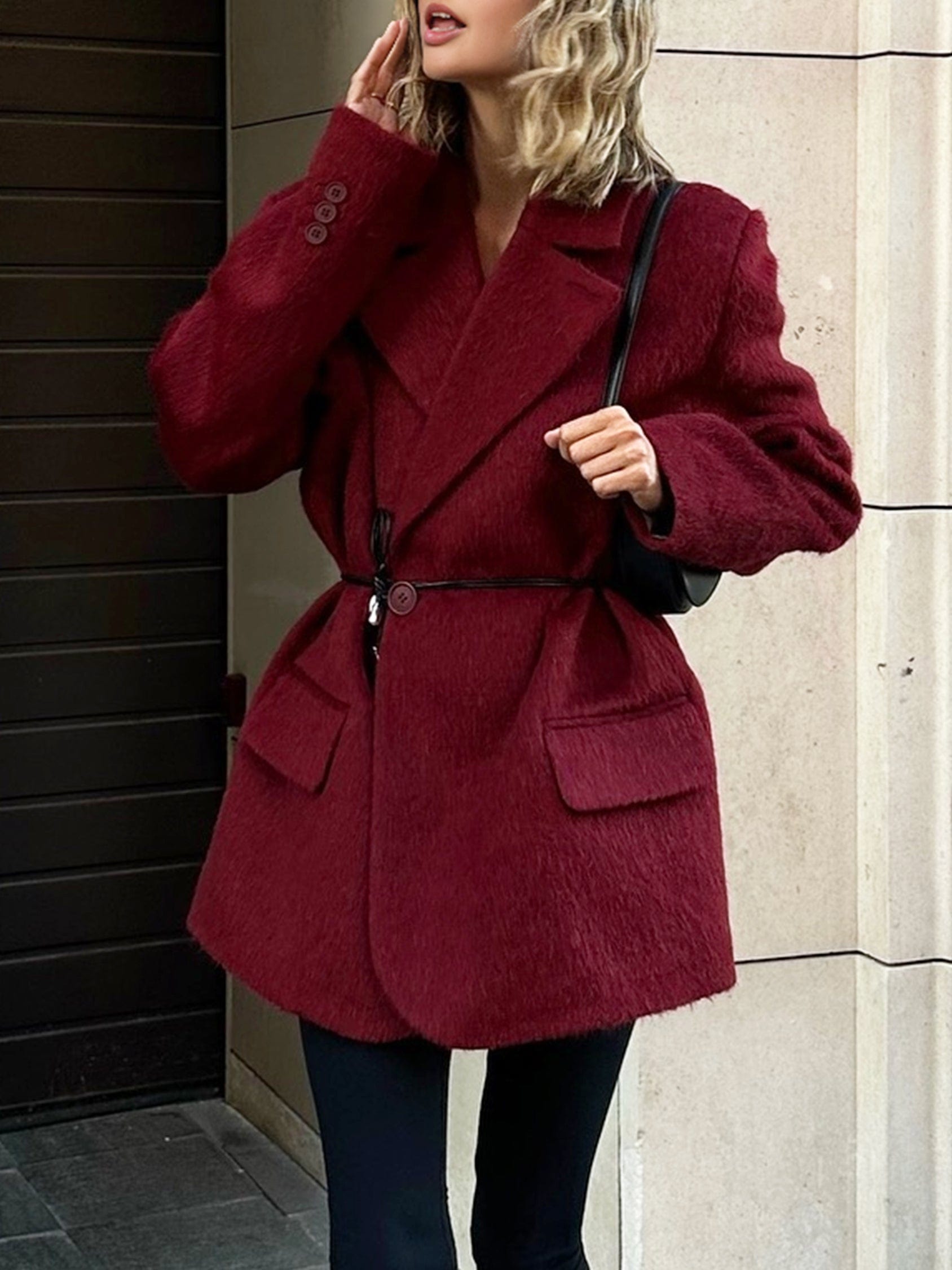 Plus Size Red Wool Winter Coat with Waist Belt