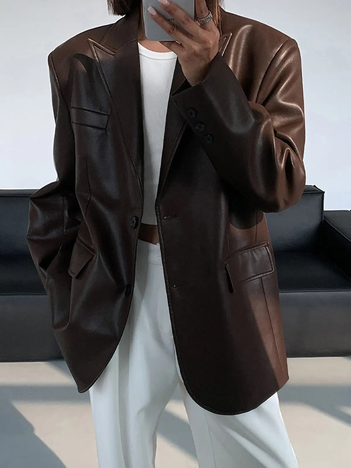 Leather Blazer with Pockets and Detail